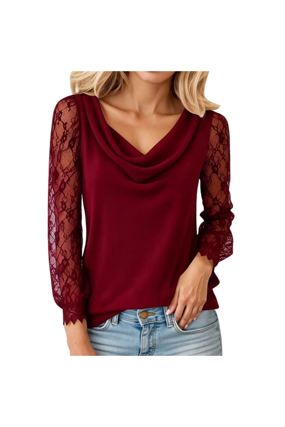 Women's Blouse Lace Trimmed Long Sleeve Solid Color Elegant Cowl Neck Casual For Ladies Spring Summer Cozy Female Tops