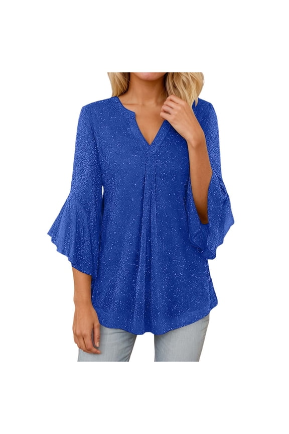 Women's Blouse V-Neck Fashion Loose Fit With Thread Mesh Yoke And Petal Design Three Quarter Sleeve Solid Color Casual For Everyday Wear Comfortable Breathable Elegant Leisure Female Tops