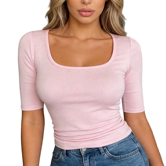 JIAYUE Women's Blouse V Neck Short Sleeve Slim Fit Pure Color Basic Summer Breathable For Casual Wear Female Leisure Tops