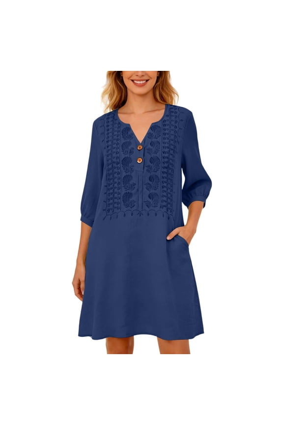 Women's Bohemian Dress Summer Notch V Neck 3/4 Sleeve Knee Length With Pockets Floral Embroidered Casual Beach Resort Shift Dresses