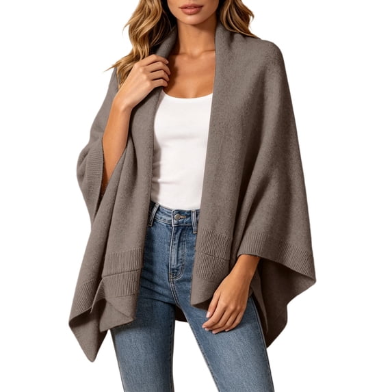 JIAYUE Women's Cardigan Open‑Front Poncho Shawl Cape Wide Sleeves Solid Color Ribbed Soft Knit Layering Top For Casual Daily Wear