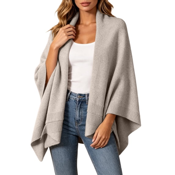 JIAYUE Women's Cardigan Open‑Front Poncho Shawl Cape Wide Sleeves Solid Color Ribbed Soft Knit Layering Top For Social Party