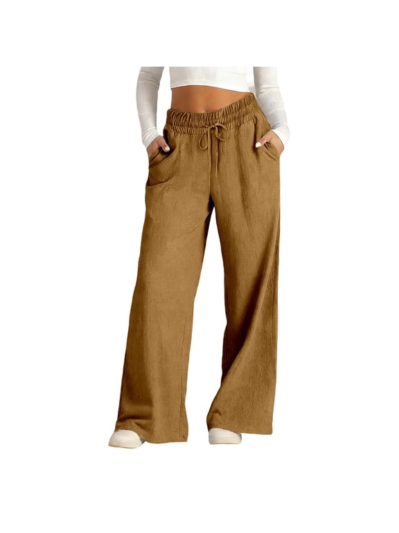 Women's Casual Pants Leisure Solid Color Elastic High Waist Wide Leg Comfort Trousers With Pockets Elegant Minimalist Style And Daily Simple Wear