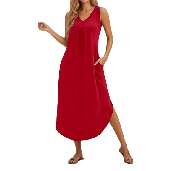 JIAYUE Women's Dress A-Line Mid-Calf Casual Sleeveless Tank With Pockets Summer Beach Solid Color V Neck Classic Female Dresses