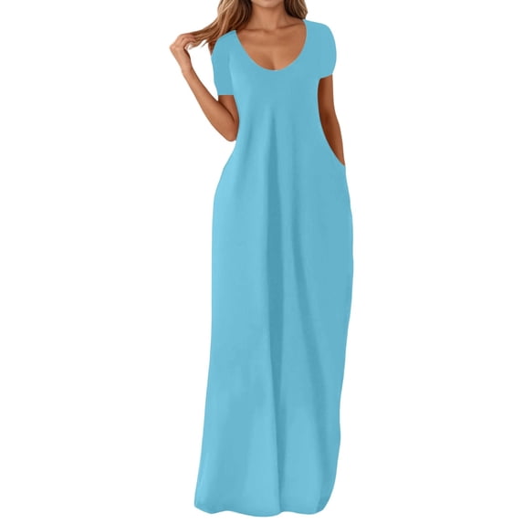 JIAYUE Women's Dress A-Line O-Neck Ankle-Length Casual Maxi With Pockets Elegant Solid Color Short Sleeve Flowy Plus Size Comfortable For Everyday Wear Classic Female Dresses