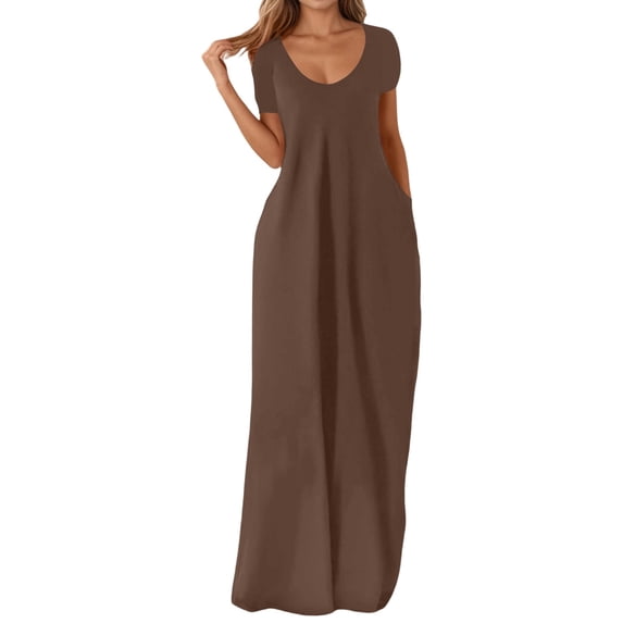 JIAYUE Women's Dress A-Line O-Neck Ankle-Length Casual Maxi With Pockets Elegant Solid Color Short Sleeve Flowy Plus Size Comfortable For Everyday Wear Stylish Female Dresses