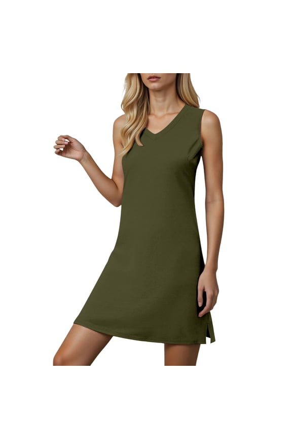 Women's Dress Above Knee Casual Sleeveless Sexy V Neck Split Hem Flowy Beach Comfortable Loose Fit Boho Maxi For Trendy Female Dresses