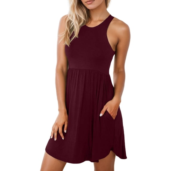 JIAYUE Women's Dress Above Knee Solid Color Sleeveless Round Neck Pocket Short Elegant Casual Stylish Female Dresses