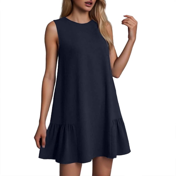 JIAYUE Women's Dress Above Knee Summer Round Neck Ruffle Sleeveless Tank Casual A Line Sun Beach Vacation Clothes Versatile Female Dresses