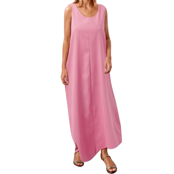 JIAYUE Women's Dress Ankle-Length Casual Round Neck Summer Sleeveless Adjustable Straps Buttons Long With Pocket Classic Female Dresses