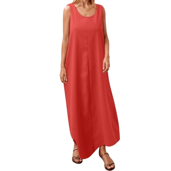 JIAYUE Women's Dress Ankle-Length Casual Round Neck Summer Sleeveless Adjustable Straps Buttons Long With Pocket Versatile Female Dresses