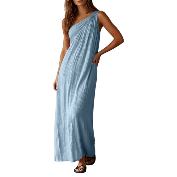 JIAYUE Women's Dress Asymmetrical Shoulder Sleeveless Ankle-Length Loose Flowy Solid Color Dress With Side Pockets Summer Soft Casual Formal Lightweight Wear