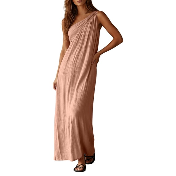 JIAYUE Women's Dress Asymmetrical Shoulder Sleeveless Ankle-Length Loose Flowy Solid Color Dress With Side Pockets Summer Soft Casual Formal Lightweight Wear
