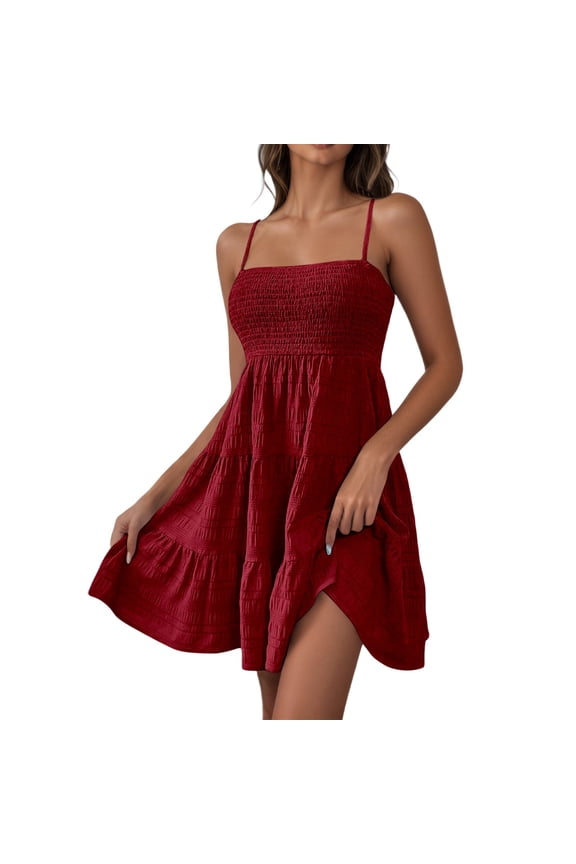Women's Dress Fit And Flare Casual Sleeveless Mini Textured Square Collar Spaghetti Strap For Daily Vacation Spring Basic Solid Versatile Female Dresses