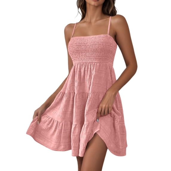 JIAYUE Women's Dress Fit And Flare Casual Sleeveless Mini Textured Square Collar Spaghetti Strap For Daily Vacation Spring Summer Basic Solid Trendy Female Dresses