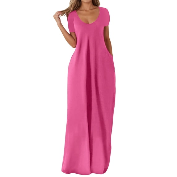JIAYUE Women's Dress Loose Ankle-Length Plus Size Fashion Casual Solid Color Sexy V Neck Short Sleeve Pocket Long Classic Female Dresses