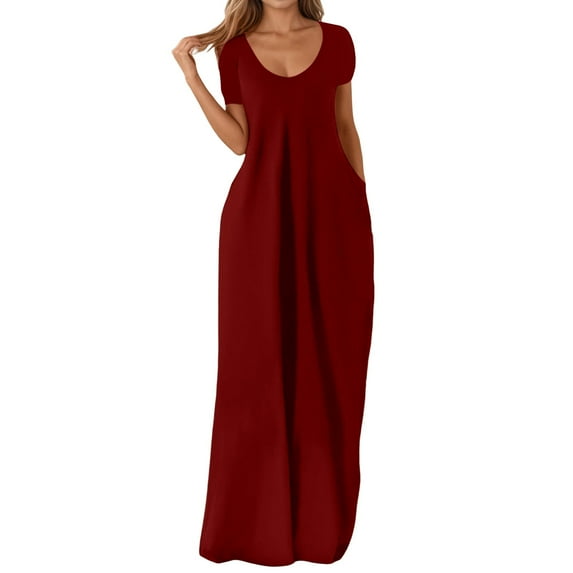 JIAYUE Women's Dress Loose Ankle-Length Plus Size Fashion Casual Solid Color Sexy V Neck Short Sleeve Pocket Long Trendy Female Dresses
