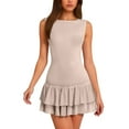 thumbnail image 1 of JIAYUE Women's Dress O-Neck Solid Color Mini Double Layered Ruffle Hem Tiered Sleeveless Tank Fit And Flare Classic Female Dresses, 1 of 5