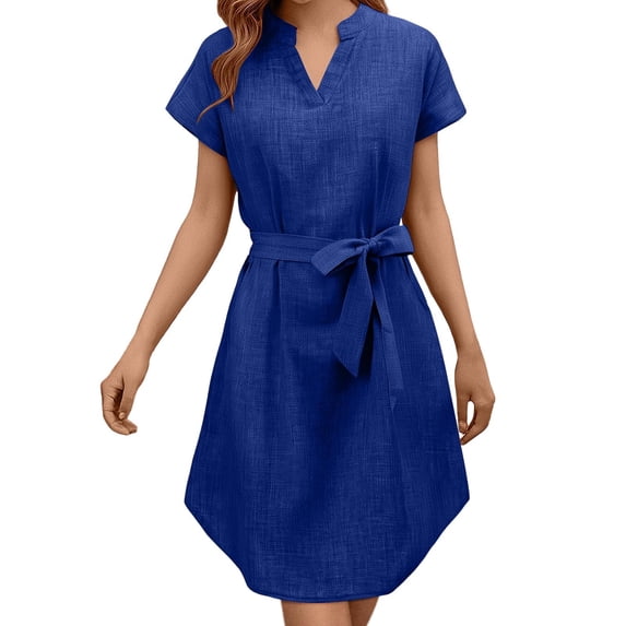 JIAYUE Women's Dress Sashes Belt Knee-Length Casual Solid Color Short Sleeve V Neck Loose Stylish Female Dresses