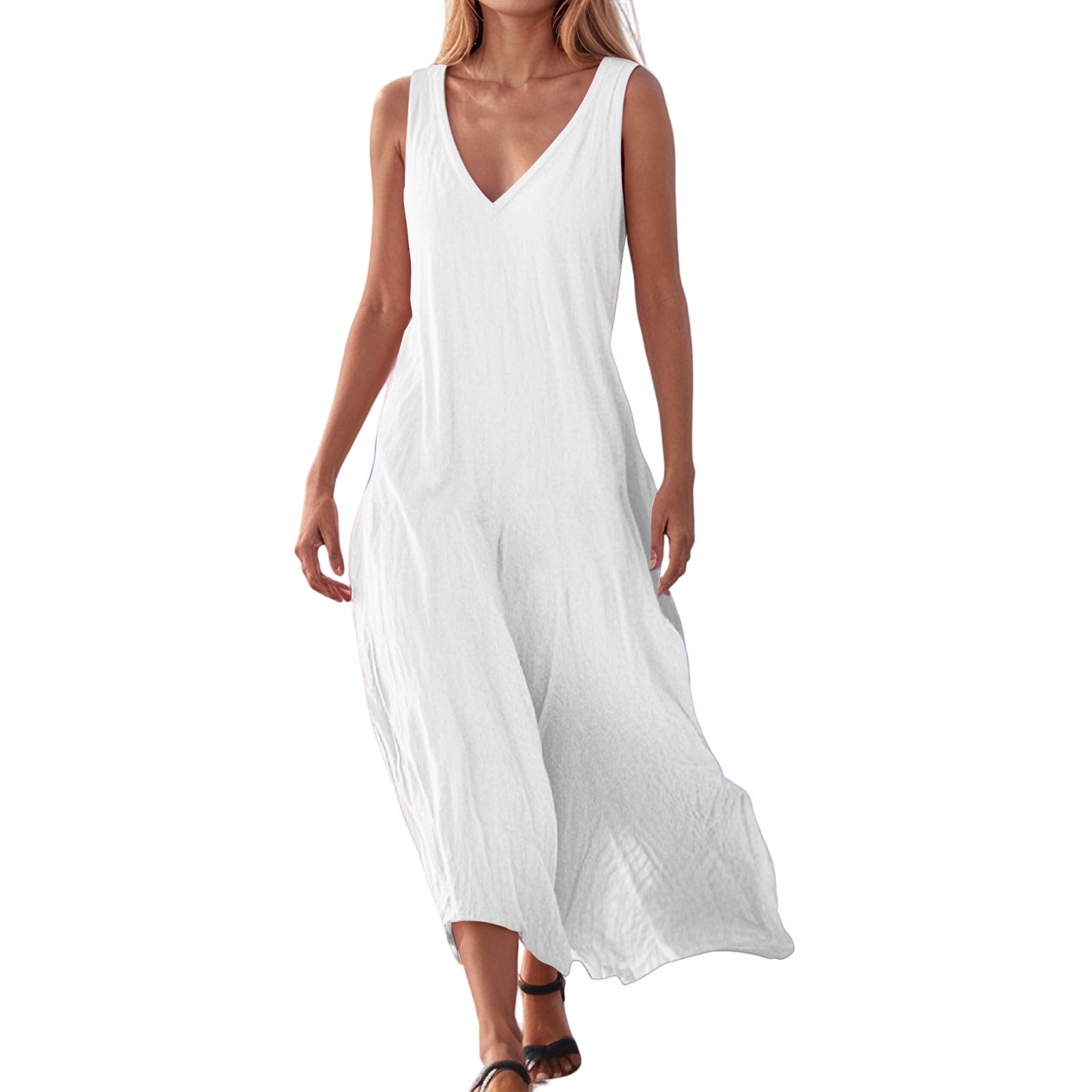 JIAYUE Women's Dress Sleeveless V-Neck Mid-Calf Solid Color For ...