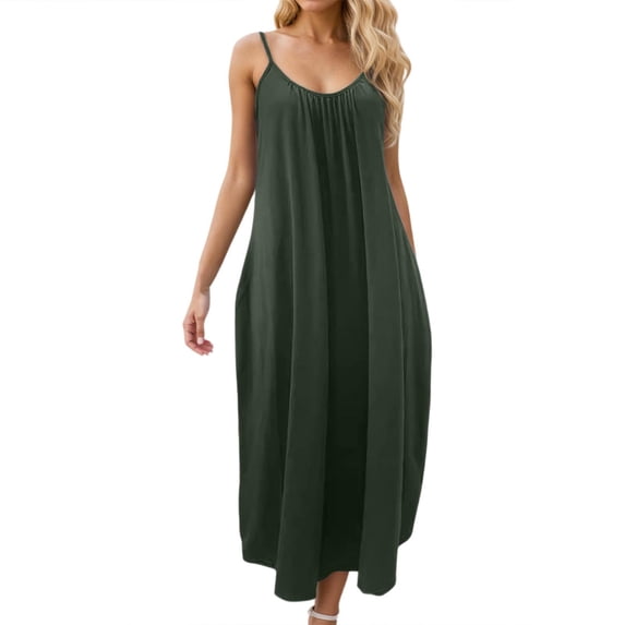 JIAYUE Women's Dress Solid Color Ankle-Length Casual V Neck Sleeveless Loose Fit Summer Flowy With Slit Trendy Female Dresses
