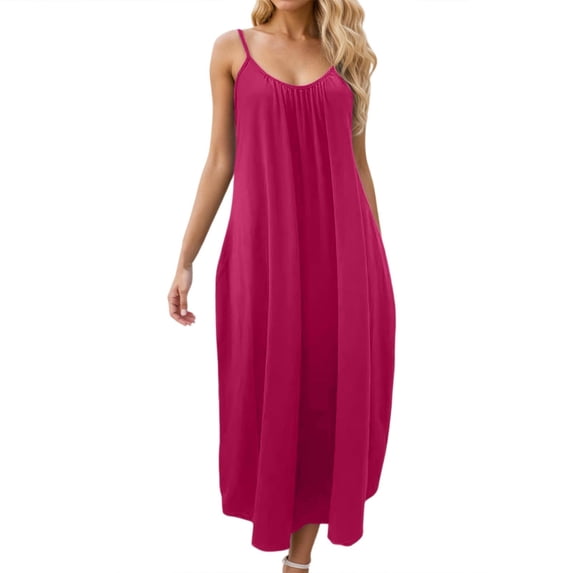 JIAYUE Women's Dress Solid Color Ankle-Length Casual V Neck Sleeveless Loose Fit Summer Flowy With Slit Trendy Female Dresses