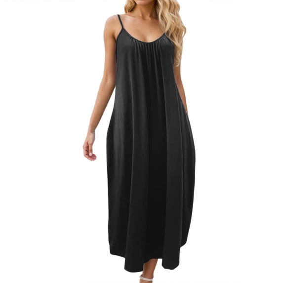 JIAYUE Women's Dress Solid Color Ankle-Length Casual V Neck Sleeveless Loose Fit Summer Flowy With Slit Versatile Female Dresses