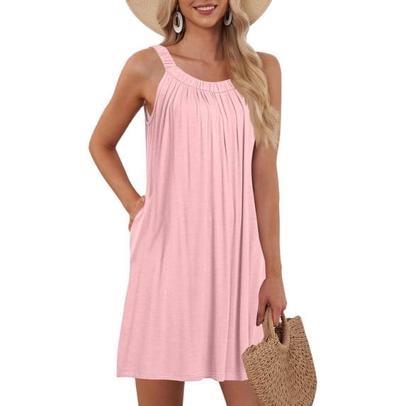 JIAYUE Women's Dress Solid Color Sleeveless O-Neck Casual Relaxed Fit Beach Mini With Pockets Front Pleats Vacation Everyday Wear Basic Sundress Classic Female Dresses