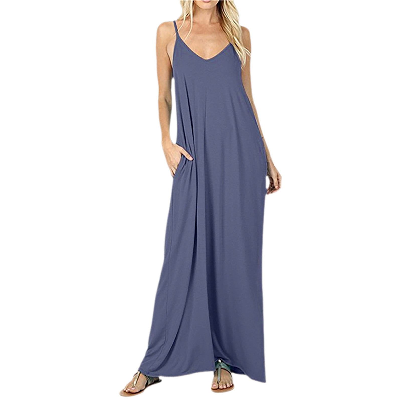 JIAYUE Women's Dress Spaghetti Strap V-Neck Ankle-Length Solid Color ...