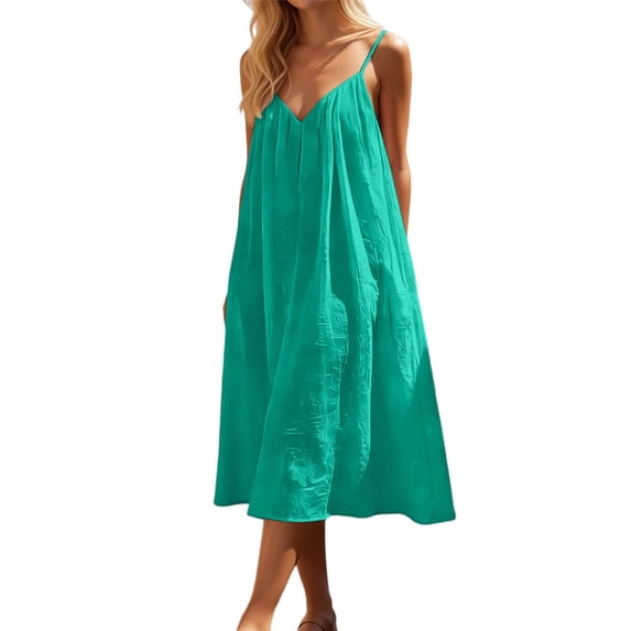 JIAYUE Women's Dress V-Neck Spaghetti Strap Knee-Length Design Sleeveless Open Back Loose Fit Casual Trendy Female Dresses