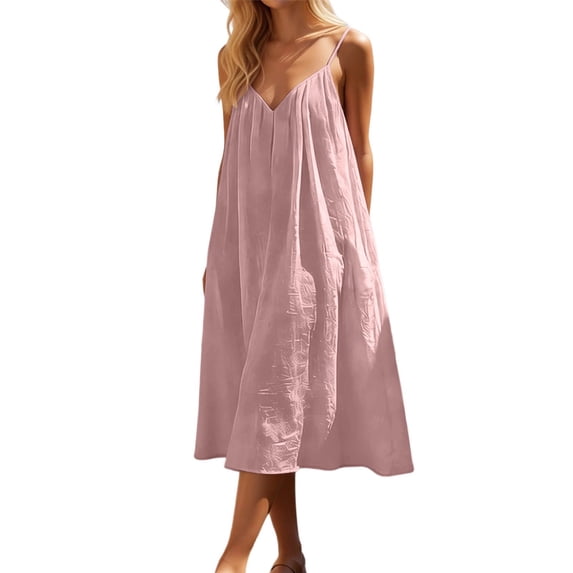 JIAYUE Women's Dress V-Neck Spaghetti Strap Knee-Length Design Sleeveless Open Back Loose Fit Casual Trendy Female Dresses