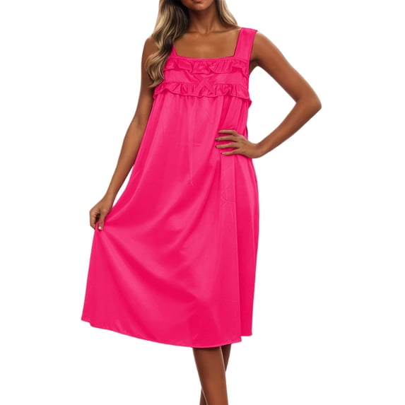 JIAYUE Women's Dresses Comfortable Solid Color Mid Length Square Neck Loungewear Ruffle Sleeveless Summer Ice Silk Tank Dress
