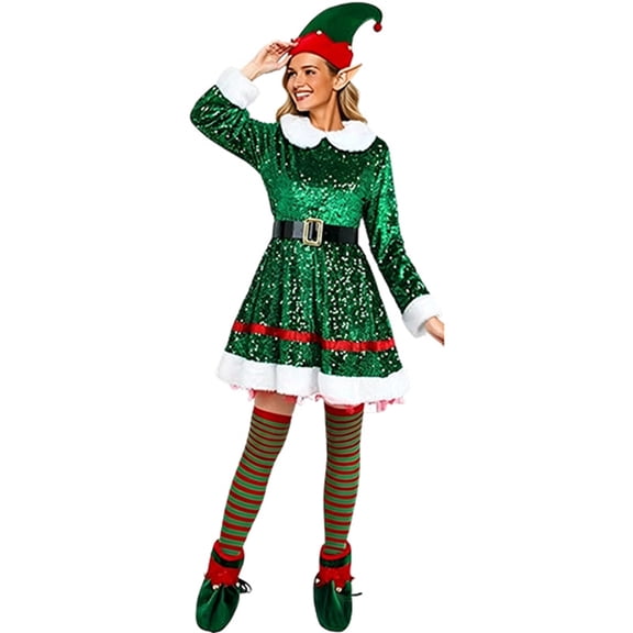 JIAYUE Women's Elf Cosplay Outfit Sequin Long Sleeve A-Line Elf Dress Fuzzy Trim & Waist Belt Elf Hat Striped Stockings Xmas Role Play Costume