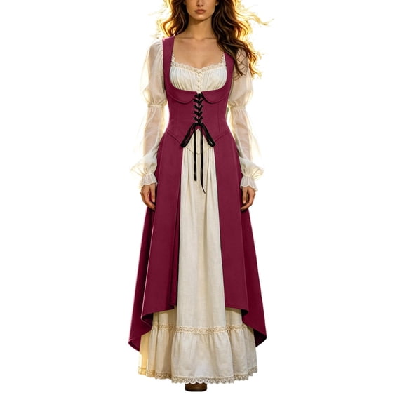 JIAYUE Women's False Two Piece Long Dress Vintage Elegant Breathable Lace Trim Corset Puff Long Sleeve Square Neck Dress For Halloween Party