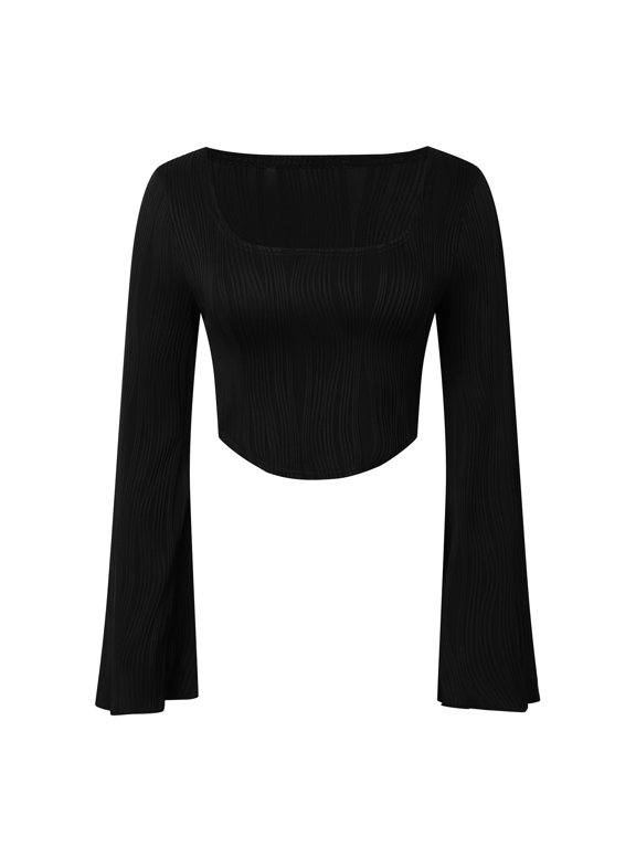 Women's Flared Long Sleeve Shirts Trendy Cropped Scoop Neck Sexy Versatile Solid Color Slim Fit Summer Going Out Tops For Female