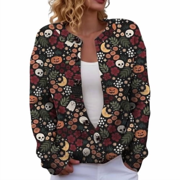 JIAYUE Women's Halloween Cardigan Button‑Front Long Sleeve Skeleton Pumpkin Graphic Knit Sweater Outerwear for Festive Occasion