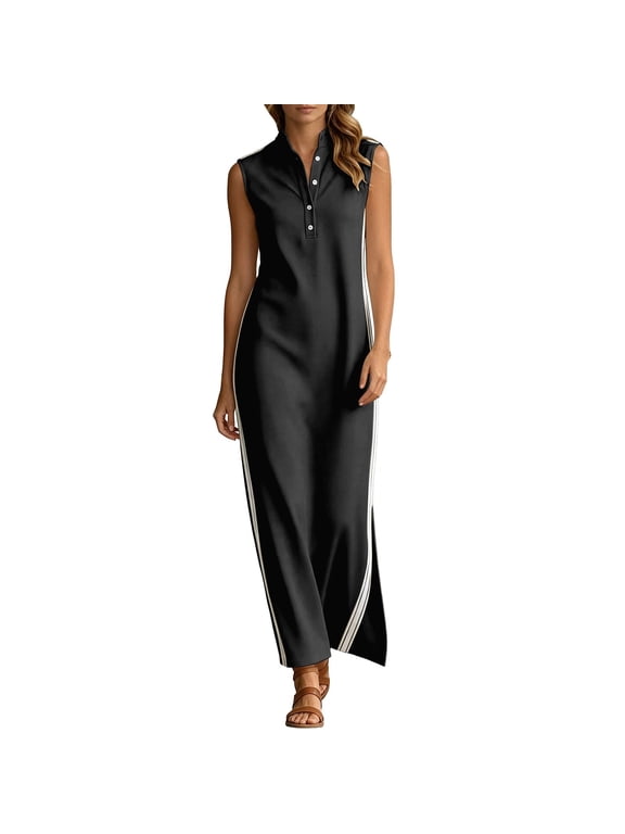 Women's Long Dress Stand Collar Half Button Sleeveless Side Stripes High Split Straight Casual Dress Soft For Office Commute Holiday Everyday Outdoor Trip