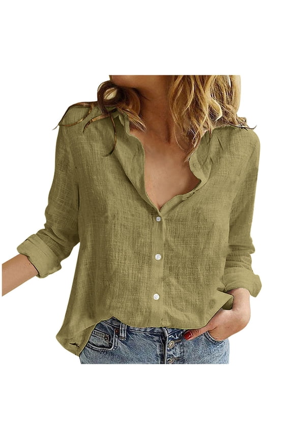 Women's Loose Button Down Shirts Solid Color Turndown Collar Long Sleeve Classic Versatile Blouse Female Stylish Tops
