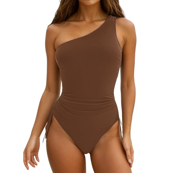 JIAYUE Women's One-Piece Swimsuit One-Shoulder Asymmetrical Neck Drawstring Slim Fit Solid Color Monokini Bathing Suit For Summer Beach Pool Breathable Female Swimwear
