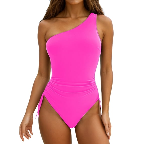 JIAYUE Women's One-Piece Swimsuit One-Shoulder Asymmetrical Neck Drawstring Slim Fit Solid Color Monokini Bathing Suit For Summer Beach Pool Trendy Female Swimwear