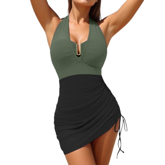 JIAYUE Women's One-Piece Swimsuit Sleeveless Color Block Mesh Halter Neck Tie And Drawstring Detail For Cozy Female Swimwear