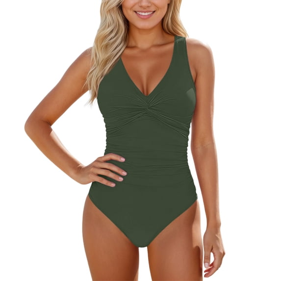 JIAYUE Women's One-Piece Swimsuit Solid Color Sleeveless Open Back V-Neck Bandeau Bathing Suit Soft Female Swimwear