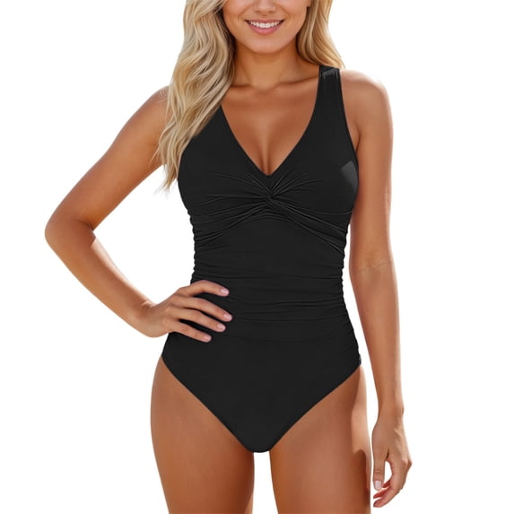 JIAYUE Women's One-Piece Swimsuit Solid Color Sleeveless Open Back V-Neck Bandeau Bathing Suit Versatile Female Swimwear