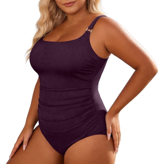 JIAYUE Women's One-Piece Swimsuit Solid Color Sleeveless Square Collar Ribbed Casual Pleated Plus Size Bathing Monokini For Beach Pool Female Soft Swimwear