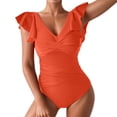thumbnail image 1 of JIAYUE Women's One-Piece Swimsuit V Neck Ruffle Sleeve Slim Solid Color Open Back Bathing Suit High Waist Soft Female Swimwear, 1 of 8