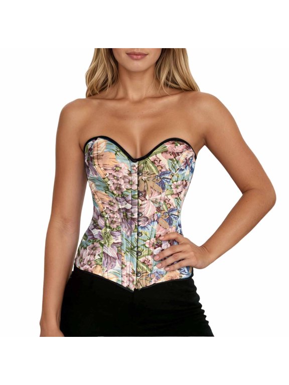 Women's Overbust Corset Top Colorful Flower Print Front Busk Fastening Boned Waist Cincher for Fall Festival Gathering