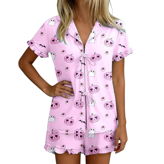 JIAYUE Women's Pajamas Set Halloween Themed Short Sleeve Notched Collar Buttons Down PJS Tees With Shorts Two Piece Festive Print Lightweight For Holiday Party Homewear Night