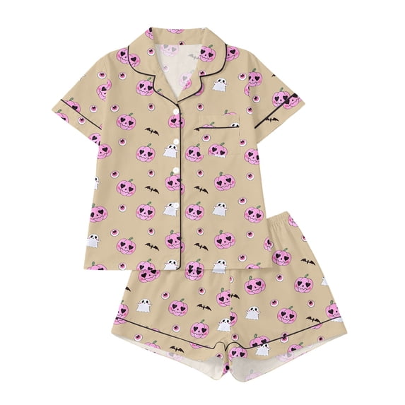 JIAYUE Women's Pajamas Sets Halloween Cute Printed Notched Collar Short Sleeves With Short Pants Two Piece Set Cozy Home Loungewear For Summer Lightweight Breathable Sleepwear