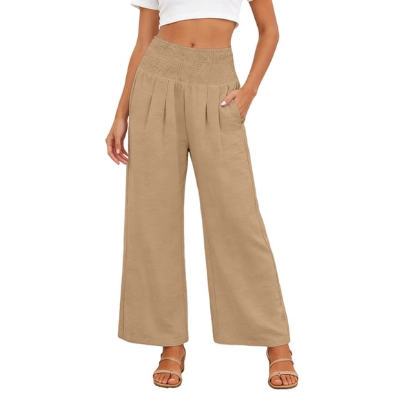 JIAYUE Women's Pants Ankle Length Wide Leg High Waist Palazzo Summer Flowy Beach Trousers With Pockets Casual Bottoms For Women