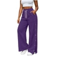 thumbnail image 1 of JIAYUE Women's Pants Casual Solid Color Drawstring With Pockets Button Design And Side Slit Long Sweatpants For Daily Lightweight Fashion Beach Vocation Wear, 1 of 9